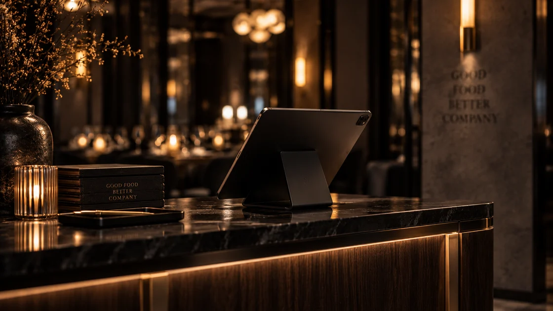 A tablet on the restaurant host stand