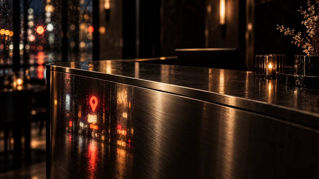 A steel host stand reflecting the city lights and a location pin